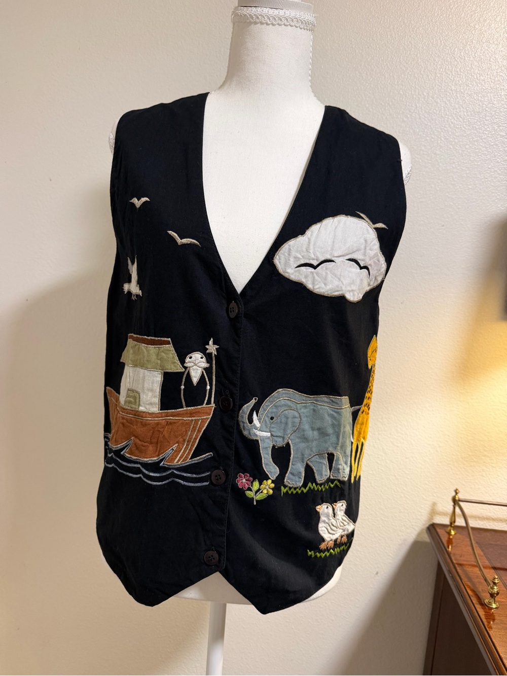 Vintage Black Animal Noah Arc Button-Down Vest Teacher Baby Shower Church Unique